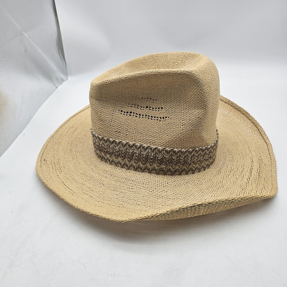 Resistol Stagecoach Hat Cowboy Fitted Mens 7 5/8 Beige Straw Feather Western - Picture 3 of 12